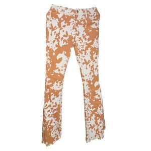 Wisteria Lane Los Angeles Cow Print Flare Jeans Orange White Raw Hem Size M